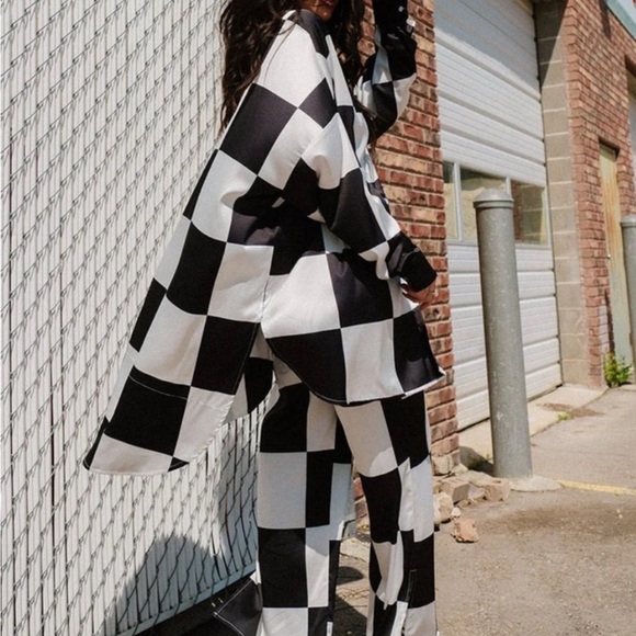 Dressed in LALA Black and White Checkered Wide Leg Jumpsuit - Picture 2 of 2